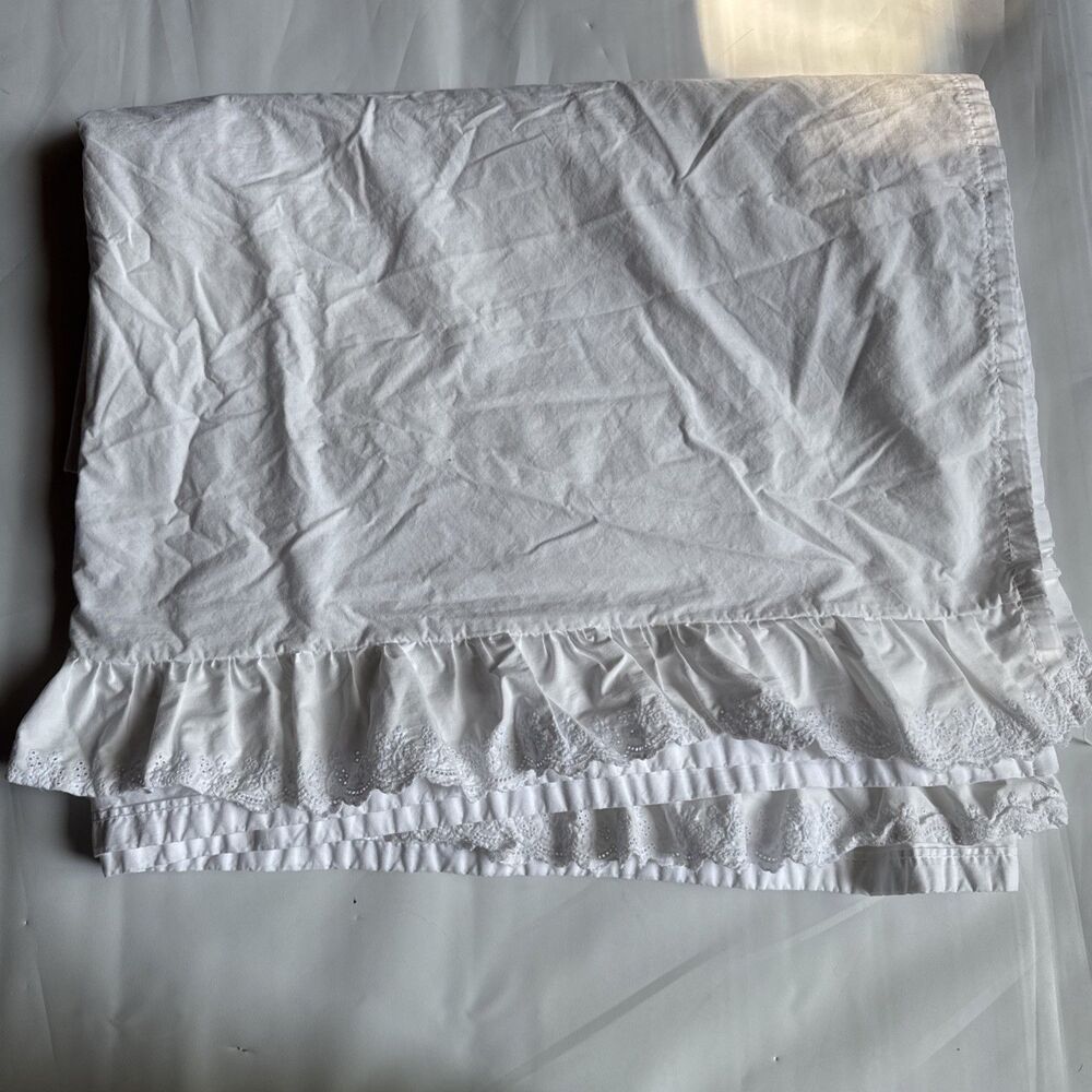 Vintage Ralph Lauren Queen Sheet White 100% Cotton Eyelet Ruffled Bromley